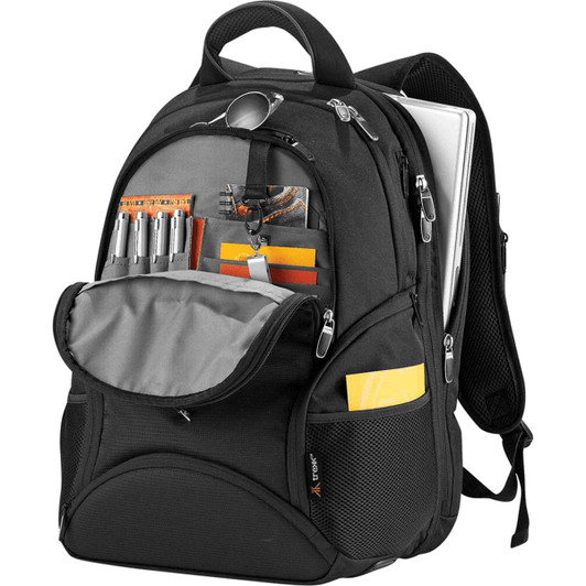 A black computer backpack with multiple compartments, featuring pens, notebooks, and a laptop sleeve.