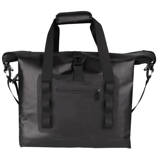 A black roll-top cooler bag with dual handles and a front zip pocket, featuring a logo.