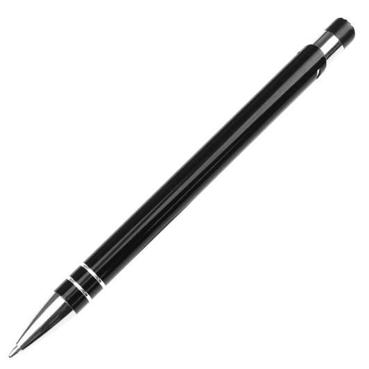 A sleek black ballpoint pen with silver accents and a branding logo on the barrel.