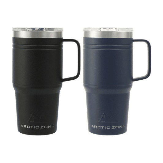 A drink bottle set featuring two mugs in black and navy, with a stainless steel lid and a handle. Each mug has a logo.