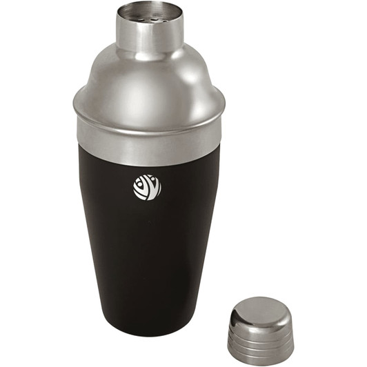 A stainless steel cocktail shaker in black with a silver lid and base, featuring a branding logo.