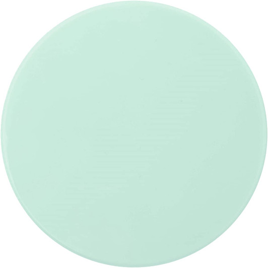 A round mint green makeup mirror with a smooth surface. It features a simple design and has a branding logo.