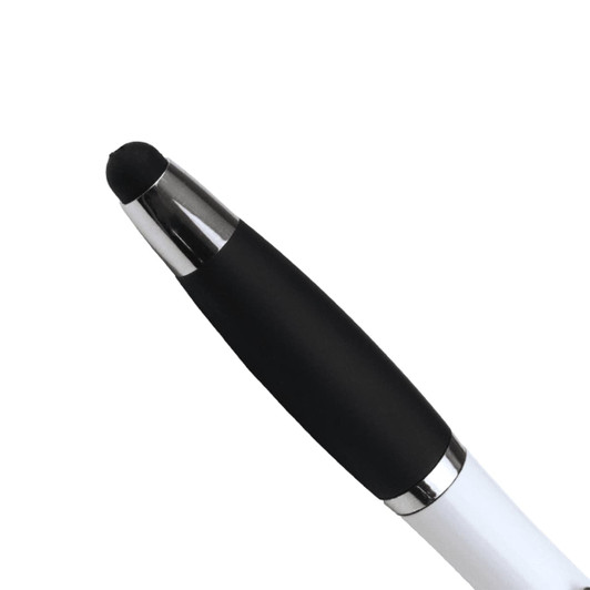 A ballpoint pen with a white body, black grip, and silver accents. Features a logo on the side.