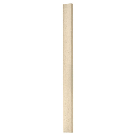 A wooden pencil, light in colour and rectangular in shape, standing upright against a neutral background.