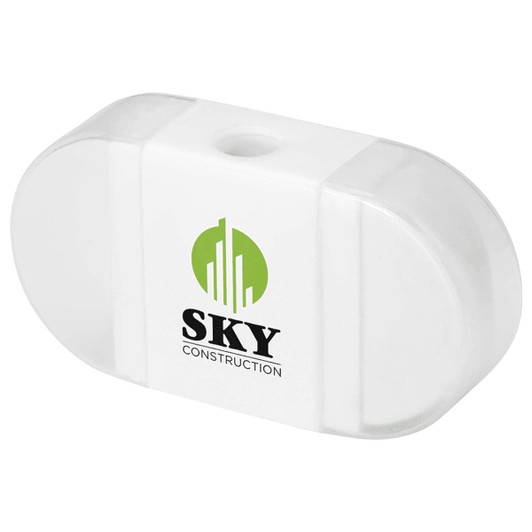 A pencil sharpener with an eraser, featuring a white body and a logo.