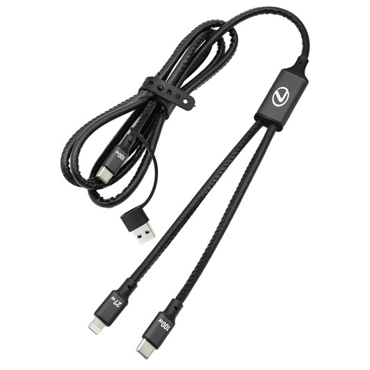 A 120cm black 4 in 1 charging and data transfer cable with multiple connectors and a logo.