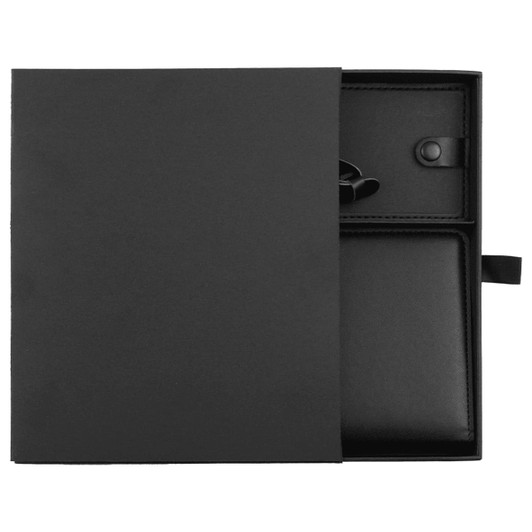 A black leather travel gift set, featuring a wallet and a travel organiser, presented in a sleek box.