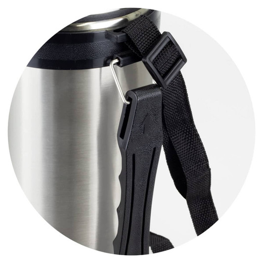 A drink bottle with a stainless steel body and a black strap attached, featuring a hook for easy carrying.