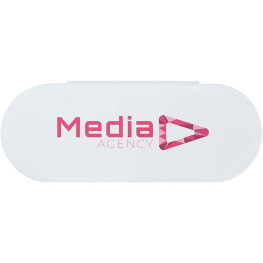 A white oval container with a logo in pink, featuring geometric shapes and the text "Media Agency".