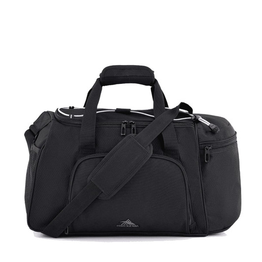 A black travel duffel bag with multiple compartments, carrying handles, and a detachable shoulder strap. It features a logo.