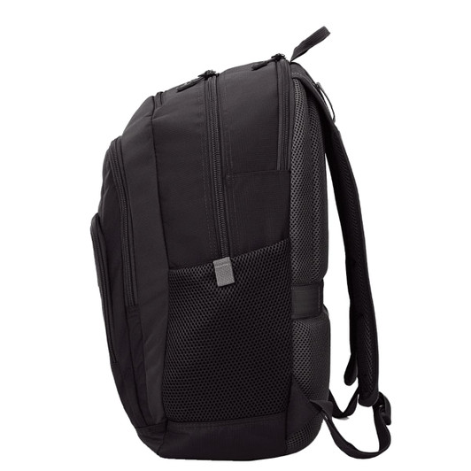 A black backpack featuring multiple compartments, a mesh side pocket, and padded shoulder straps.