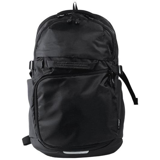 A black computer backpack with multiple compartments, featuring a logo and a sturdy design.