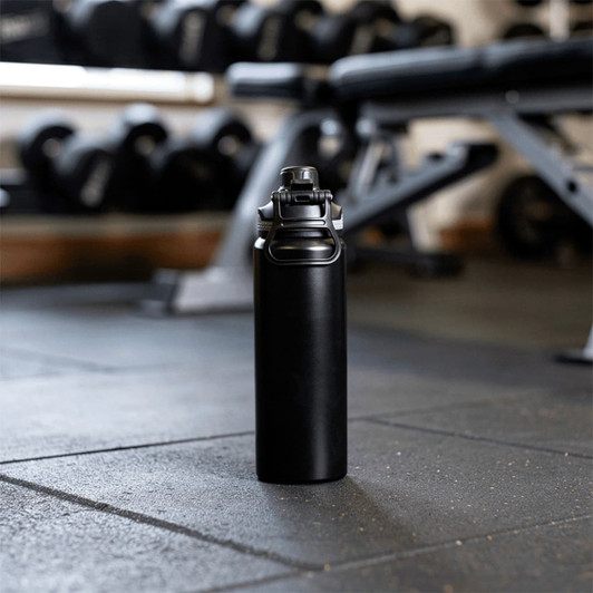A drink bottle with a sleek black design, featuring a double wall and a secure lid. It has a logo on the side.