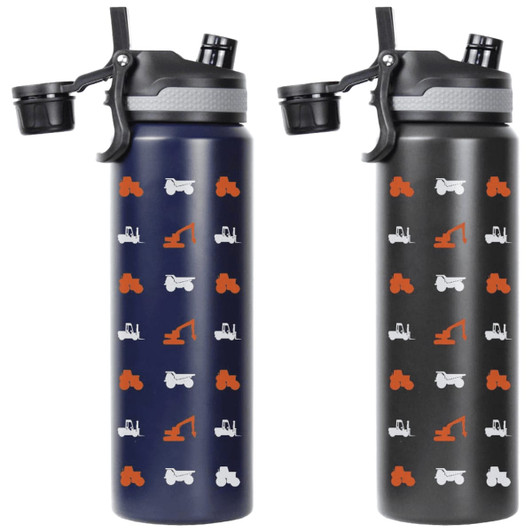 A drink bottle set featuring two 800ml double wall bottles, one navy blue and one dark grey, with construction-themed designs and a lid.