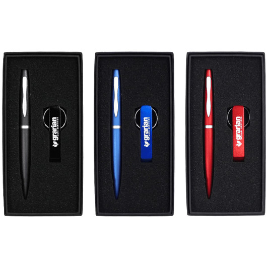 A drink bottle opener keyring set featuring a black, blue, and red pen, all presented in sleek gift boxes.