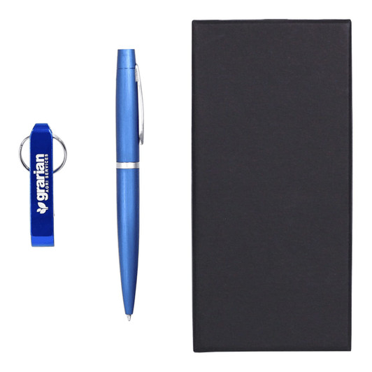 A blue pen and a blue keyring bottle opener, accompanied by a black gift box. The keyring has a logo.
