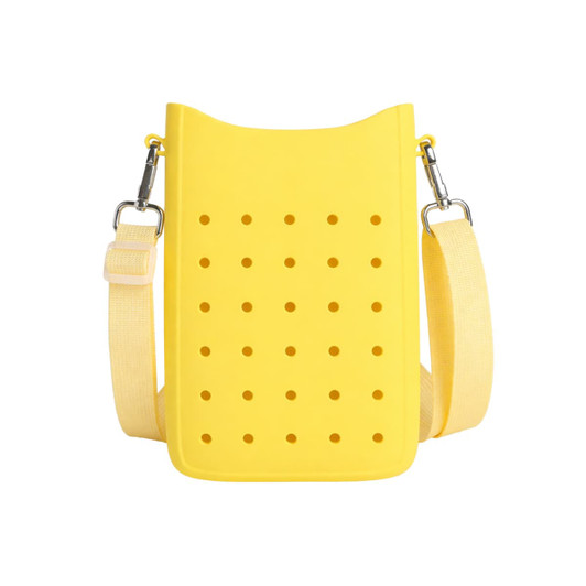 A yellow silicone phone bag with holes, featuring a shoulder strap and clips.