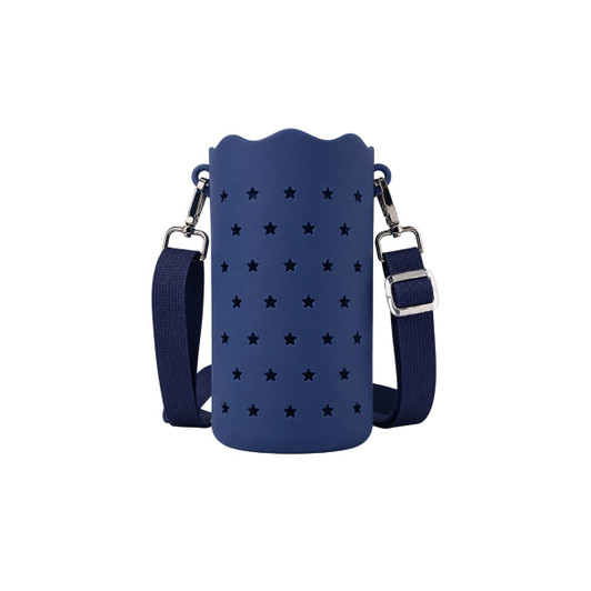 A drink bottle holder in navy blue silicone with star cutouts and a detachable strap. Features a logo.