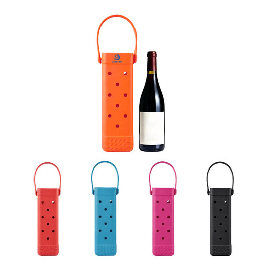 A drink bottle bag in orange, pink, blue, black, and grey. Each features a handle and multiple holes for ventilation.