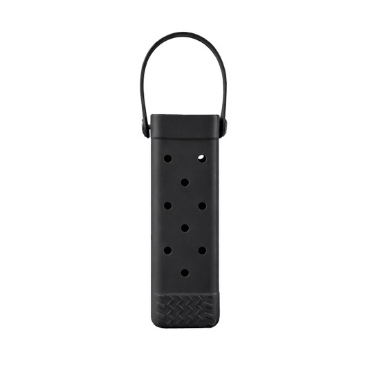 A drink bottle bag in black with holes for ventilation and a carry handle, featuring a textured base and a logo.