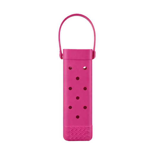 A drink bottle bag in vibrant pink featuring holes and a handle, designed for carrying bottles.