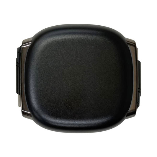 A black, square charging data cable case with a smooth surface and a clasp on the side.