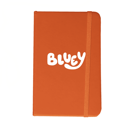 An orange notebook featuring a white logo on the front and an elastic band.