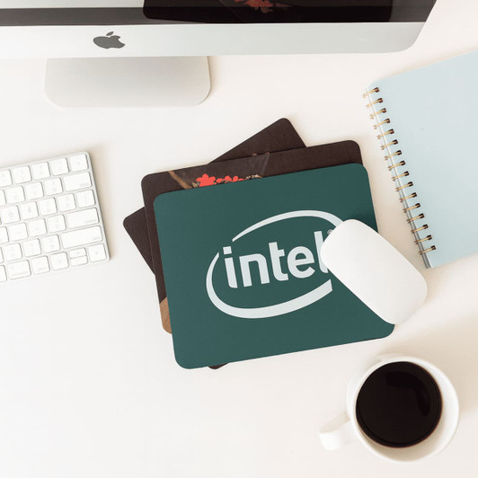 Three fabric mouse mats in various designs and colours, including one with an Intel logo.