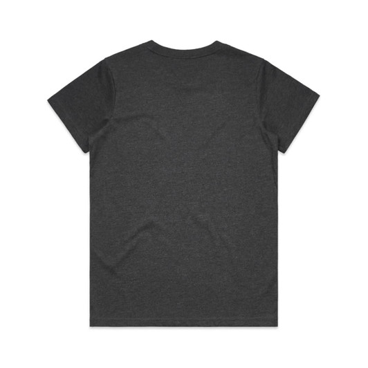 A dark grey t-shirt with a classic crew neck and short sleeves, featuring a logo on the back.