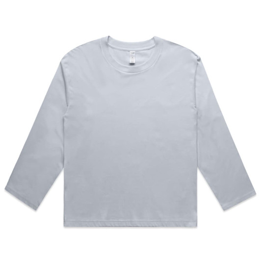A light grey long-sleeve tee with a round neckline and a logo. Featuring a simple, minimalist design.