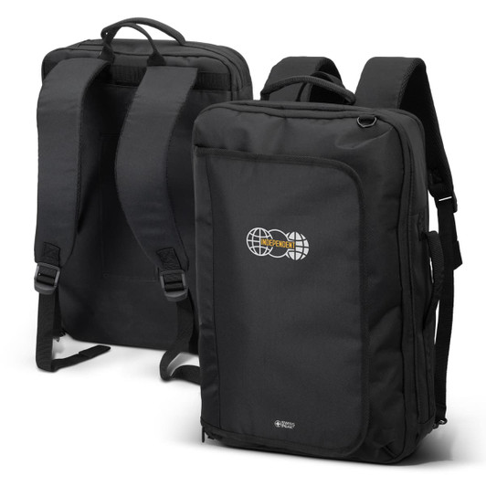 A black convertible travel backpack with adjustable straps and a logo. Designed for versatility and practicality.