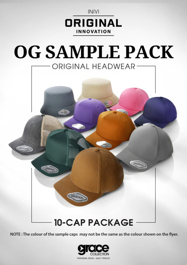 A display of ten caps in various colours, featuring a logo on each cap, arranged in a neat layout.
