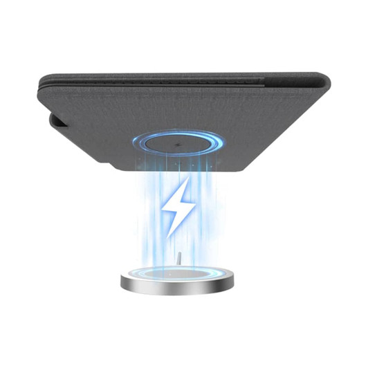 A grey passport holder features a wireless charging base with a blue light and a logo emblem.