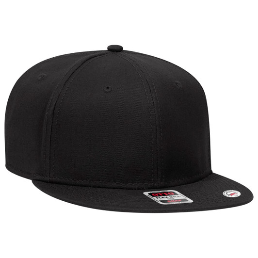 A black six-panel snapback cap with a flat brim and a logo on the front.