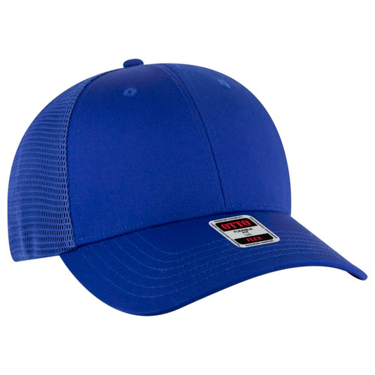 A blue Flex Fit 6 Panel Low Profile Trucker Cap with a mesh back and a branded tag.