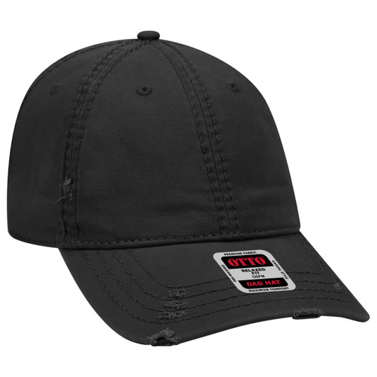 A black 6-panel dad hat featuring a curved brim and a label indicating brand and style.