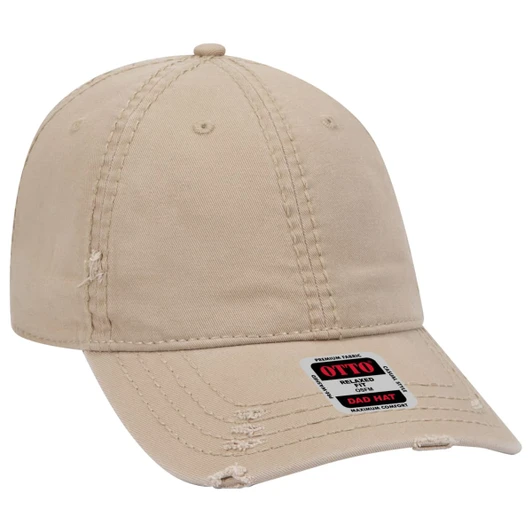A beige 6 panel dad hat featuring a curved brim and an adjustable strap at the back, with a logo on the tag.