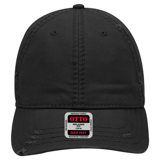 A black 6 Panel Low Profile Dad Cap with a logo on the front and relaxed fabric design, featuring visible stitching details.