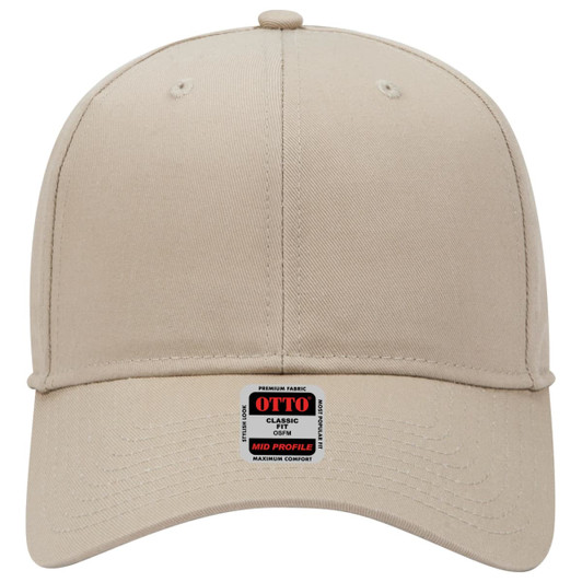 A beige 6-panel mid profile baseball cap with a logo tag on the front.