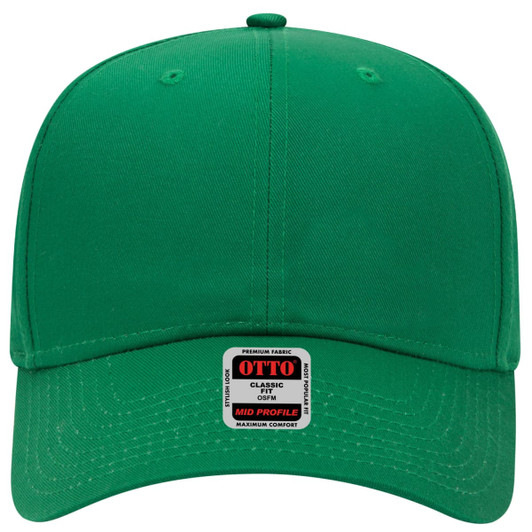 A green 6 panel mid profile baseball cap with a label on the front and a solid design.