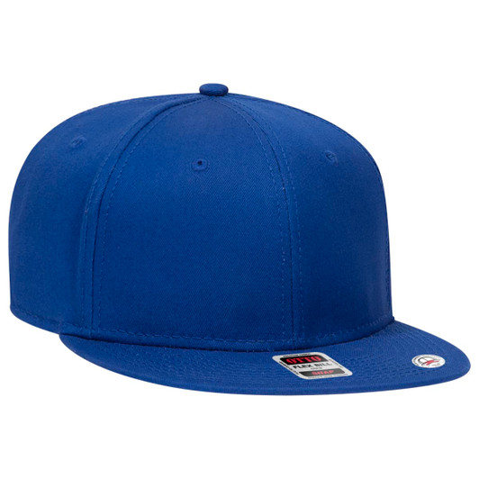 A blue six-panel snapback cap featuring a flat brim and a small logo on the side.