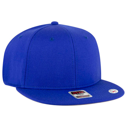 A blue mid-profile snapback hat with a flat brim and a logo on the side.