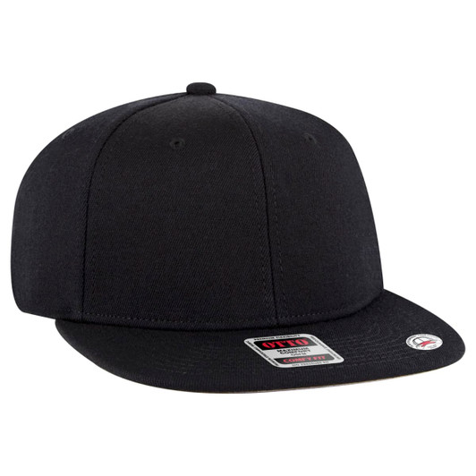 A black mid-profile snapback hat featuring a flat brim and a branded label on the front.
