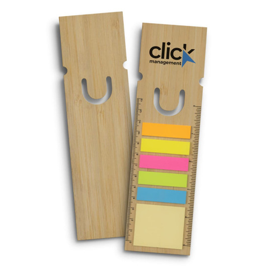 Bamboo ruler bookmark in natural wood, featuring a cut-out handle and a set of assorted sticky notes.