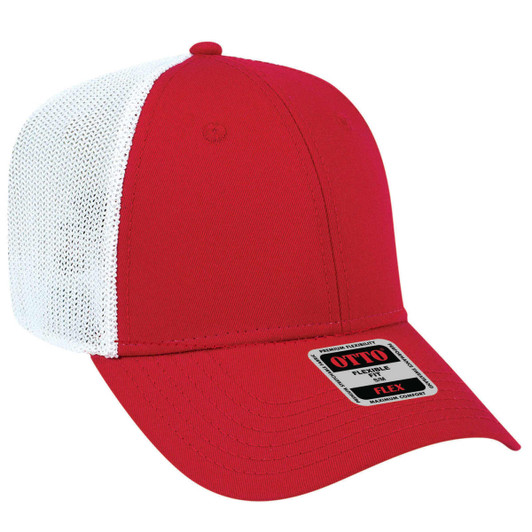 A red and white 6 panel low profile trucker cap featuring a logo on the front and a mesh back.