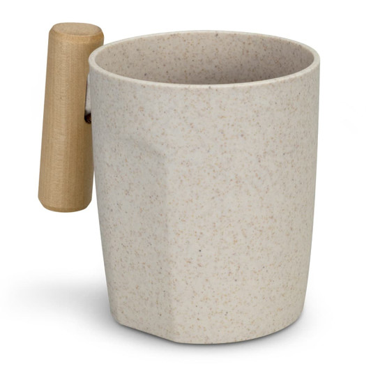 A coffee mug featuring a speckled beige design with a wooden handle. It has a unique, geometric shape.