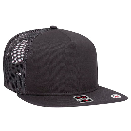 A black trucker cap featuring a mesh back and a flat brim, with a small logo on the front.