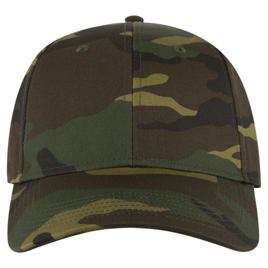 A camouflage 6 panel low profile baseball cap in various shades of green and brown, featuring a logo on the front.