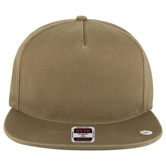 A khaki 5 Panel Low Profile Dad Cap with a flat brim and a logo on the front.