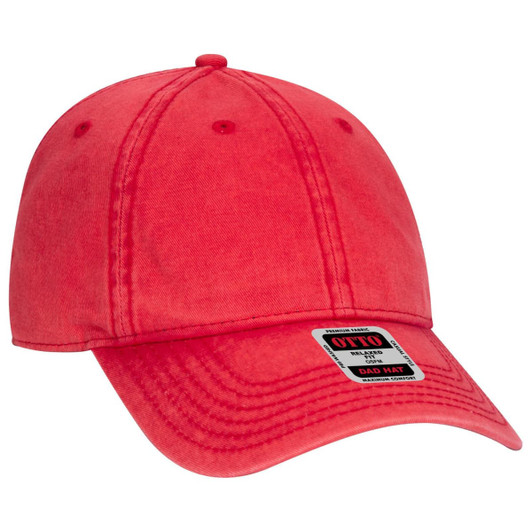 A red 6 panel low profile dad cap with a logo on the front.